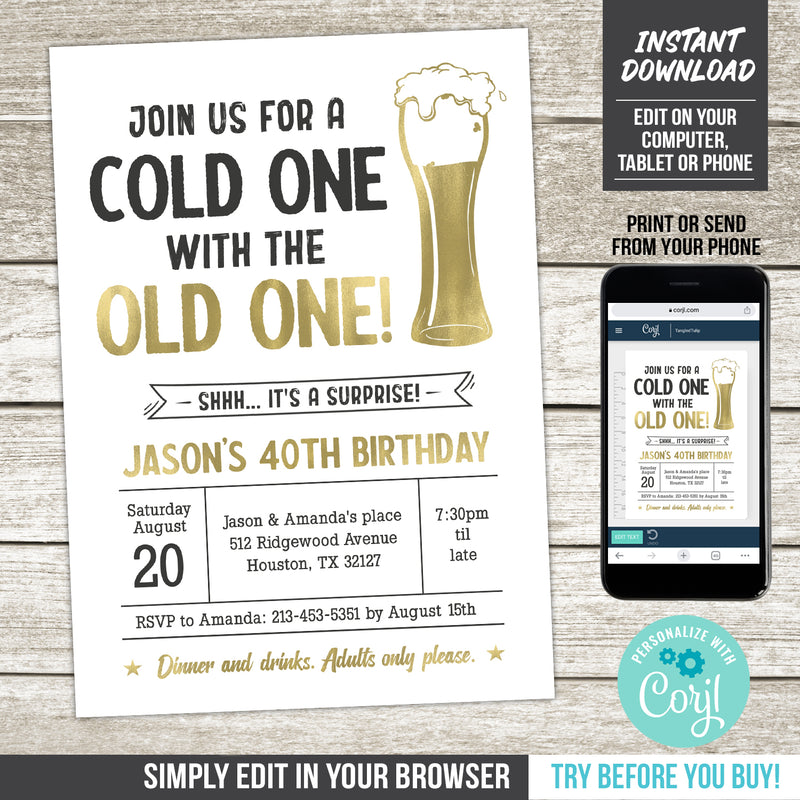 Editable Surprise 40th Birthday Invitation for a Man, Beers Cold One for the Old One Digital Invite