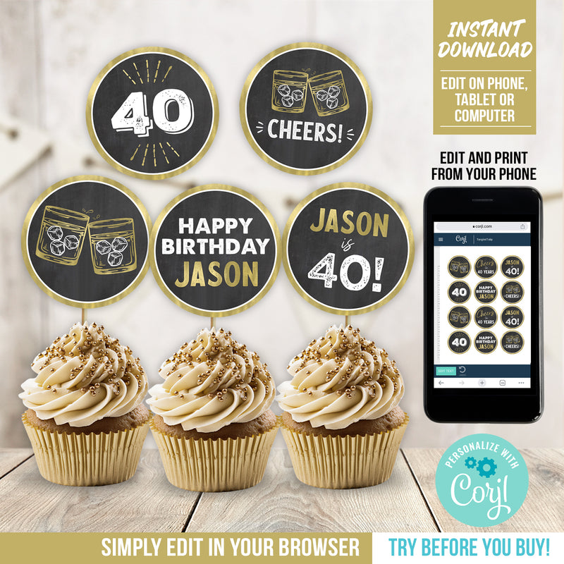 Whiskey 40th Birthday Cupcake Toppers or Slider Toppers. Custom Editable 40th Party Decorations Whiskey Theme