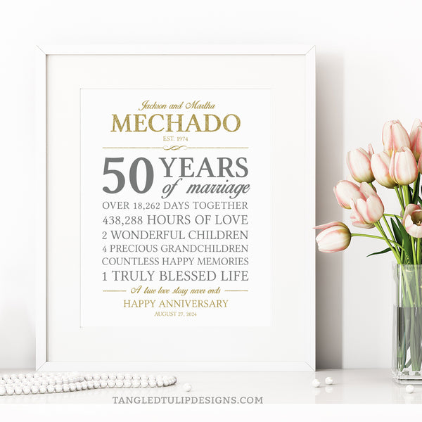 Editable 50th Anniversary Print in gold and gray on a white background. Instant Download and Editable in Corjl. By Tangled Tulip Designs.