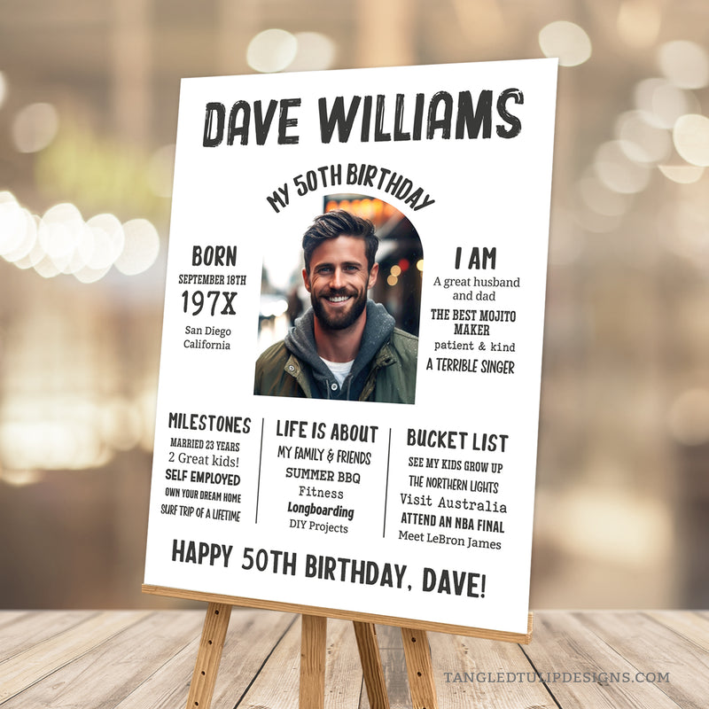 Editable 50th Birthday Milestone poster template with a photo, for a man. A great personalized addition to his 50th birthday decorations. Edit in Corjl. Printable poster By Tangled Tulip Designs.