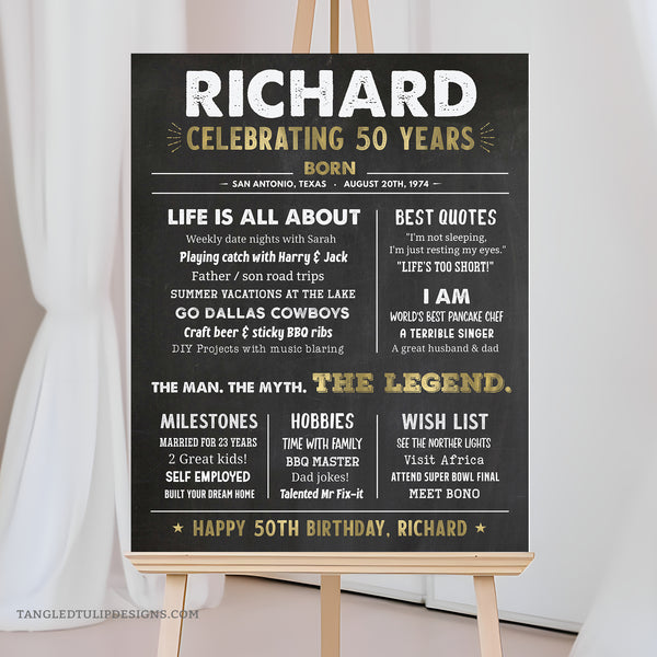 50th Birthday Milestone poster 'Man, Myth, Legend' theme in striking gold and chalk white accents. Instant Download and Editable in Corjl. By Tangled Tulip Designs.