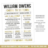 50th Birthday Milestones Poster Template Cheers to 50 Years Printable Sign