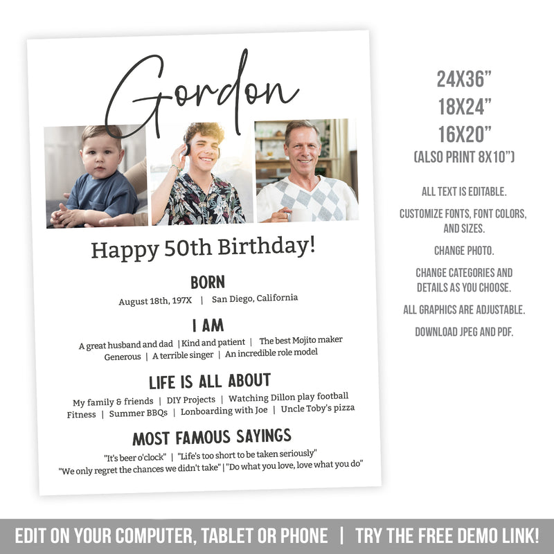 Editable 50th Birthday Decorative Sign with Photos, Milestones Template