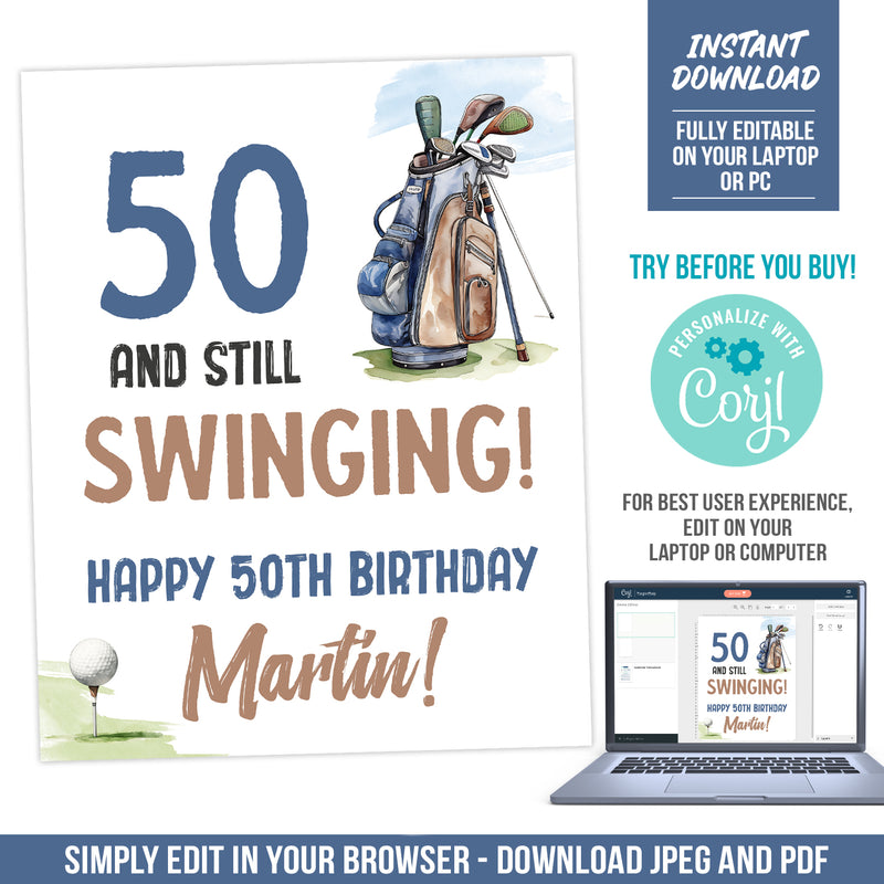 Editable Golf 50th Birthday Sign, Man Happy 50th Birthday Printable Sign Template