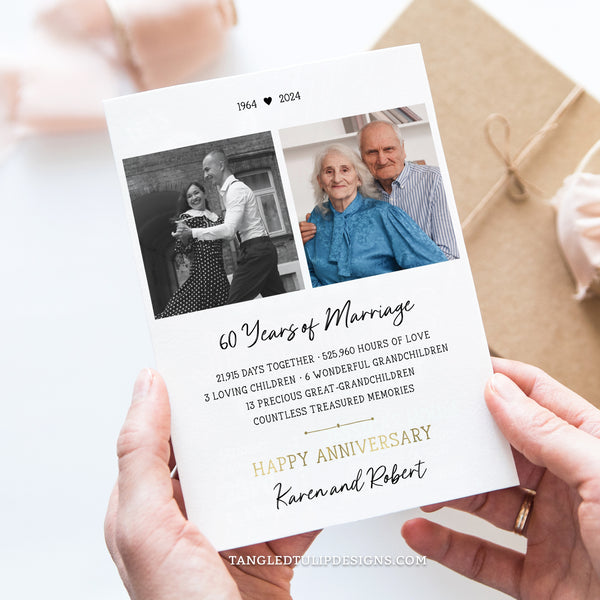 60th Anniversary greetings card with photos of the couple. A fully editable template to create a personalized 60th Anniversary card with stats of their life together.