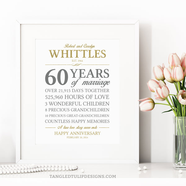 60th Anniversary Gift. EDITABLE Diamond Anniversary Personalized Stats. Anniversary Gift for Parents. Instant Download and Editable in Corjl. By Tangled Tulip Designs.