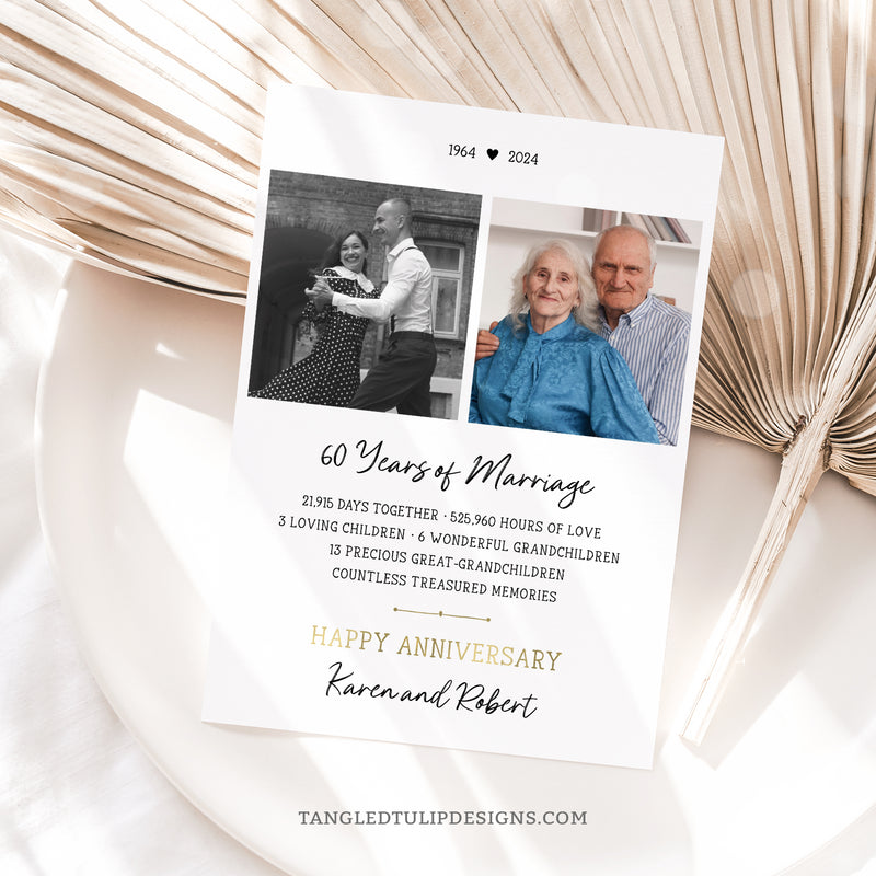 60th Anniversary greetings card with photos of the couple. A fully editable template to create a personalized 60th Anniversary card with stats of their life together.