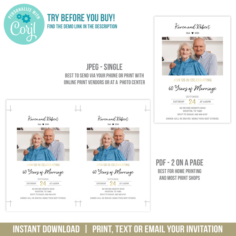 Editable 60th Anniversary Invitation with Photo, Diamond Wedding Anniversary Digital Invite