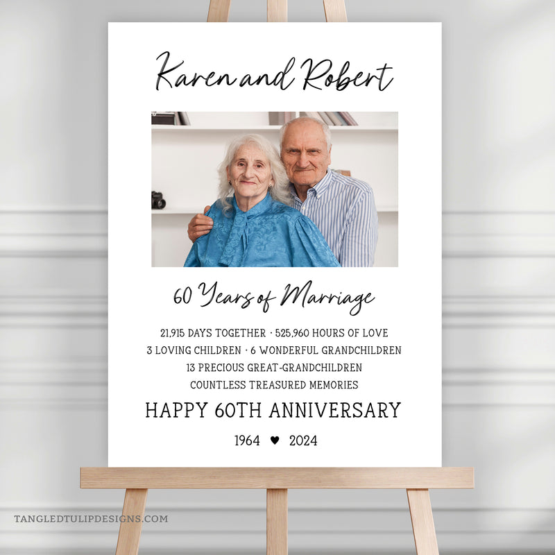 This 60th Anniversary sign is an editable template with a photo and stats of the couple's life together. A great addition to their 60th Wedding Anniversary party decorations. Artwork provided in 3 sizes.