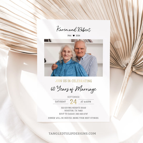 An editable 60th Anniversary party invitation with a photo and gold accents, to celebrate their Diamond Wedding Anniversary and 60 Years of Marriage.