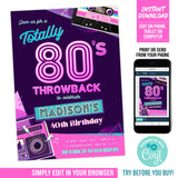 Editable 80s Party Invitation for a woman, 80s Throwback Digital Invite