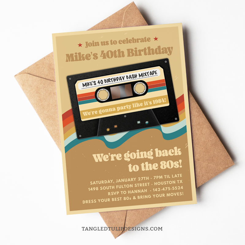 Editable 80s Party Invitation featuring a retro cassette Mixtape of Greatest Hits. Suitable for a 40th birthday, or any age. Get ready to go back to the 80s! Invitation template to edit in Corjl. By Tangled Tulip Designs.