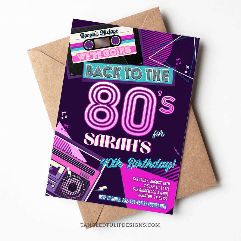 This editable 80s Party Invitation is perfect for celebrating a woman's 40th birthday, or you can customize it for any age! Featuring a mixtape cassette, boombox, and funky retro neon color scheme. Invitation template to edit in Corjl. By Tangled Tulip Designs.