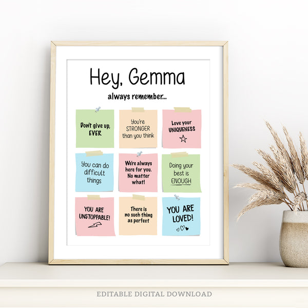 Encourage positivity and self-confidence with this customizable Affirmations for Teens and Tweens Poster Sign. This personalized encouragement poster is fully editable, so you can change the notes to suit your child or teen.