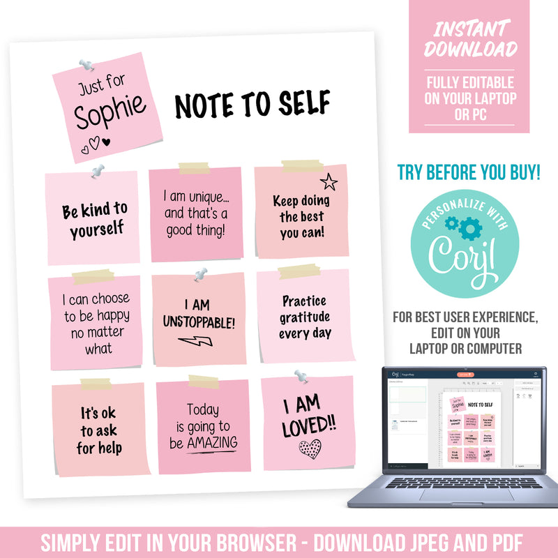 EDITABLE Affirmations for Kids. Daily Self Affirmations, Note to Self Poster Sign, Encouragement Notes Girls NOT1