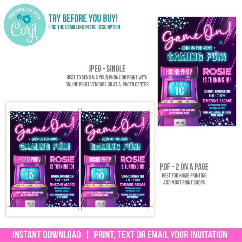 Arcade Party Invitation for Girls Editable Arcade Game Birthday Invite