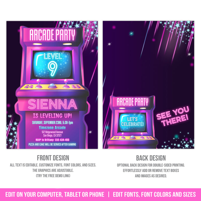 Arcade Birthday Invitation Template, Girl Arcade Game Party Digital Invite