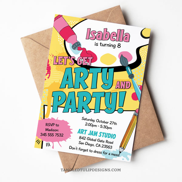 Unleash their creativity with our editable Art Party invitation. Bursting with vibrant colors, this invite showcases a delightful array of art supplies including a paint palette, paintbrushes, and more. It's the perfect way to set the scene for a fun-filled painting or art party extravaganza. Let's Get Arty and Party! Instant Download and Editable in Corjl. By Tangled Tulip Designs.