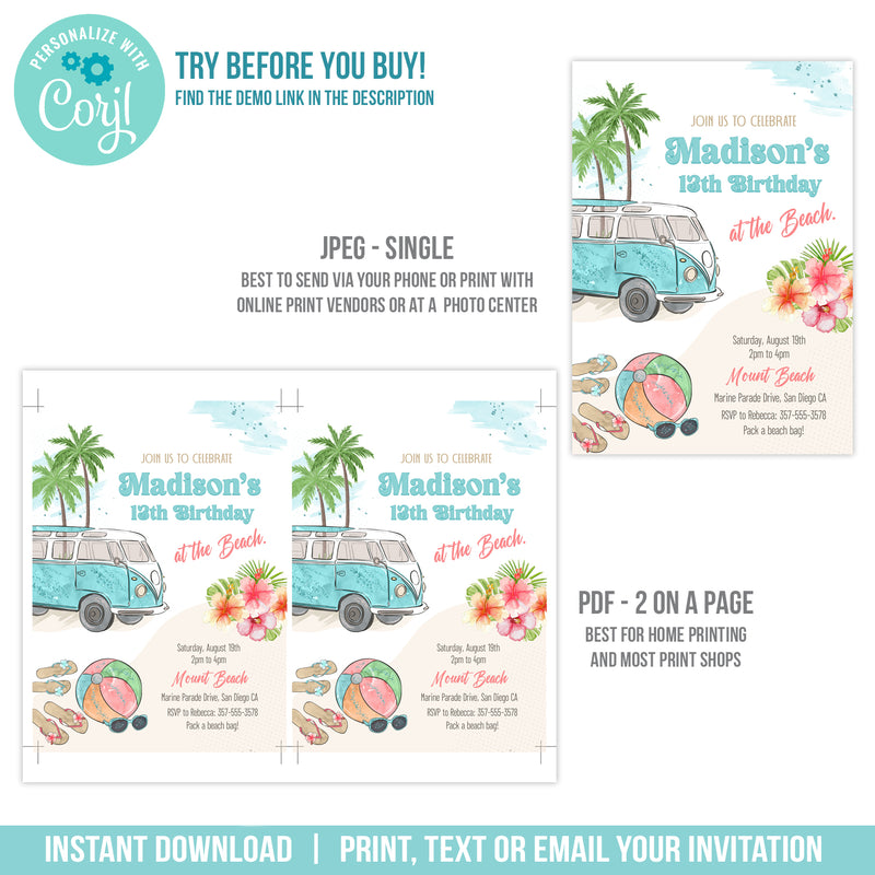 Beach Party Invitation Template, Girl Beach Birthday Editable Invite, VW Bus