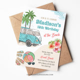 An editable Beach Party invitation for girls featuring a VW Bus, palm trees, tropical flowers, a beach ball and sunglasses. A beach birthday invite perfect for teenage girls.