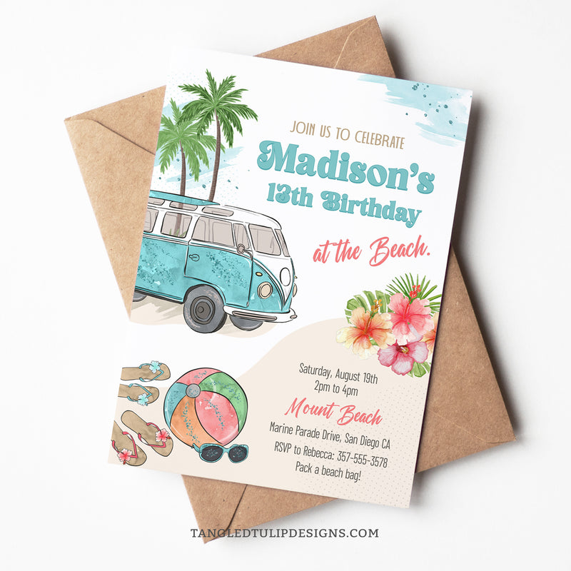 An editable Beach Party invitation for girls featuring a VW Bus, palm trees, tropical flowers, a beach ball and sunglasses. A beach birthday invite perfect for teenage girls.