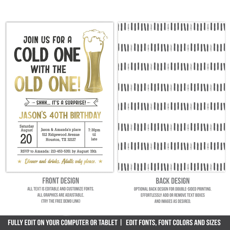 Editable Surprise 40th Birthday Invitation for a Man, Beers Cold One for the Old One Digital Invite