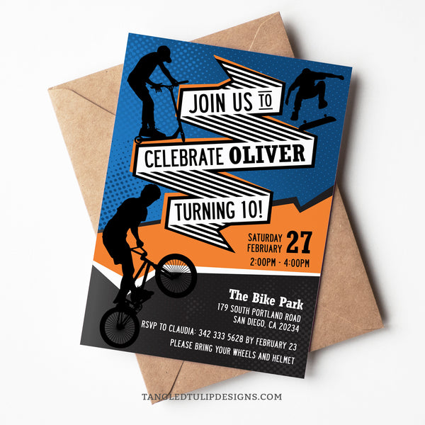 Editable Bike, Scooter and Skateboard party invitation for a boy's birthday. In orange and blue with a BMX biker, skater and scooter rider. Tangled Tulip Designs - Birthday Invitations