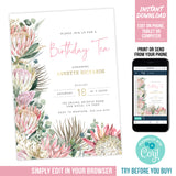 Editable Tea Party Invitation for a woman, Boho Protea Birthday Digital Invite