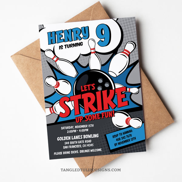 Strike Up Some Fun with this a vibrant comic style invite with a bowling ball smashing pins for a strike! Instant Download and Editable in Corjl. By Tangled Tulip Designs.
