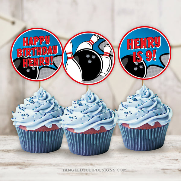 Bowling birthday cupcake toppers for a boy party. Edit the text to personalize these toppers. Featuring bowling ball and pins being smashed! 