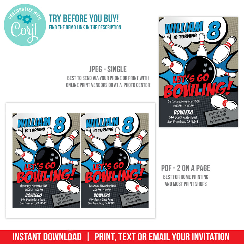 Editable Bowling Birthday Invitation for Boys, Tenpin Bowling Party Digital Invite