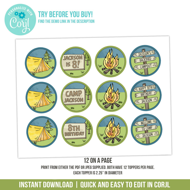 Camping Birthday Cupcake Toppers Backyard Campout Party Tent Campfire