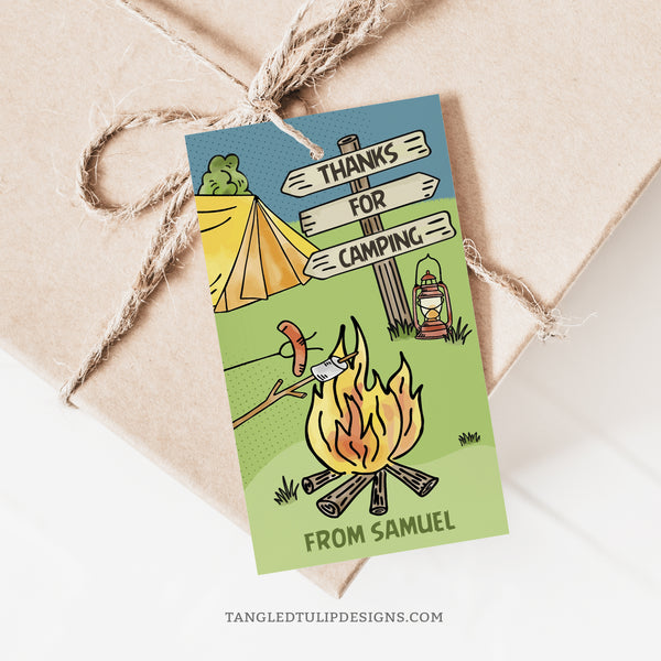 Camping birthday tags for a backyard campout party for boys. Say Thanks for Camping with this editable party tag template. Edit in Corjl. By Tangled Tulip Designs.