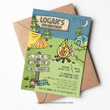 This editable S'mores Campout invitation features a big campfire roasting marshmallows for s'mores, and tents for camping.