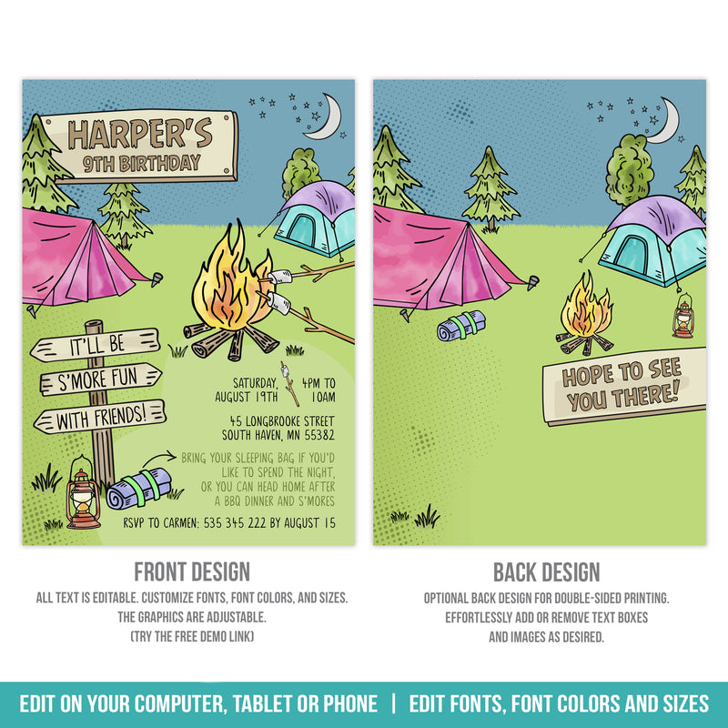 S'mores Campout Birthday Invitation Template for Girls. Editable S'more Camping Party Digital Invite