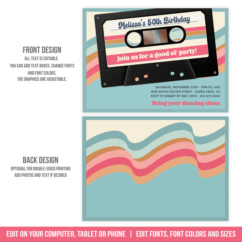 Editable Cassette Tape 50th Birthday Invitation Template for a woman. Mixtape Digital Invite