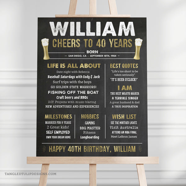 Mark his 40th birthday in style with this editable 40th birthday milestone poster sign. Set against a timeless chalkboard backdrop, this design features a captivating 'Cheers and Beers' theme in striking gold and chalk white accents. Instant Download and Editable in Corjl. By Tangled Tulip Designs.