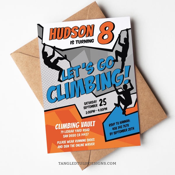 Climbing birthday invitation in a vibrant comic style design, with boys climbing all over the invite! Let's Go Climbing! Tangled Tulip Designs - Birthday Invitations