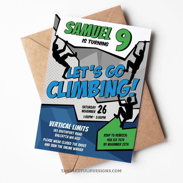 An indoor climbing birthday invitation for boys, in a vibrant comic style design, with boys climbing all over the invite. Invitation template to edit in Corjl. By Tangled Tulip Designs.