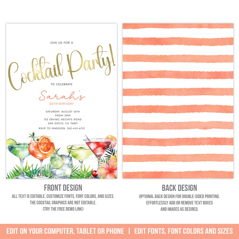 Editable Cocktail Party Invitation Template, Tropical Cocktail Party Digital Invite Template