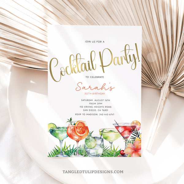 An editable tropical-themed Cocktail Party invitation, adorned with palm leaves and golden accents. Featuring refreshing Aperol Spritz, Cosmopolitan, Gin and Tonic, and Margarita cocktails. Instant Download and Editable in Corjl. By Tangled Tulip Designs.
