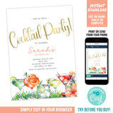 Editable Cocktail Party Invitation Template, Tropical Cocktail Party Digital Invite Template