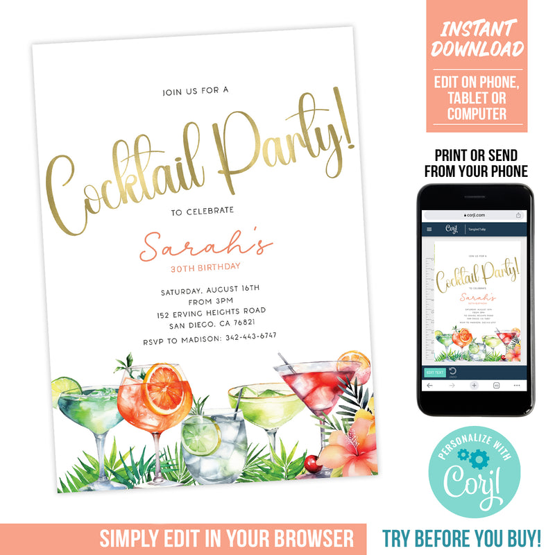 Editable Cocktail Party Invitation Template, Tropical Cocktail Party Digital Invite Template