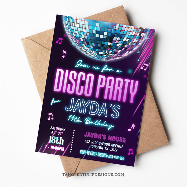An editable Disco birthday party invitation for a teen or tween girl, featuring a disco ball in a neon glow purple design, with music notes and sparkles. Template to Edit in Corjl. By Tangled Tulip Designs.