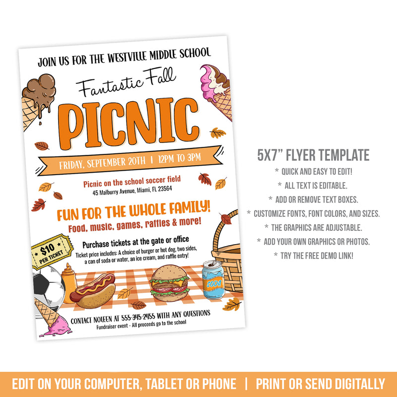 Editable Fall Picnic Flyer Template for School or Community Fundraiser