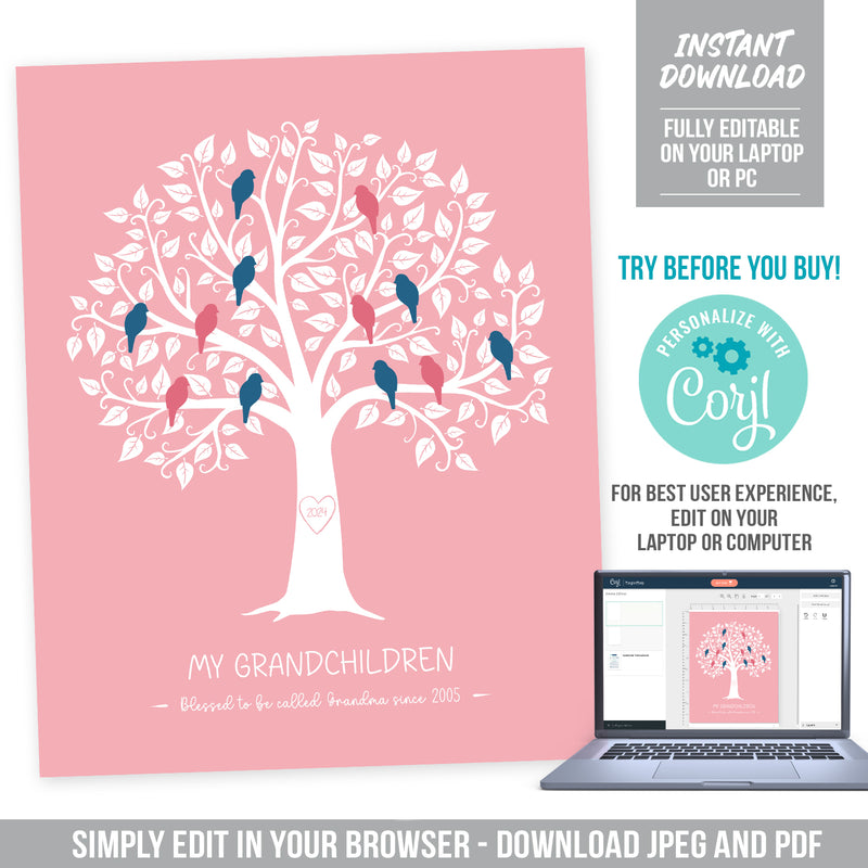 DIY Family Tree Template for Grandma, Grandchildren Editable Family Tree