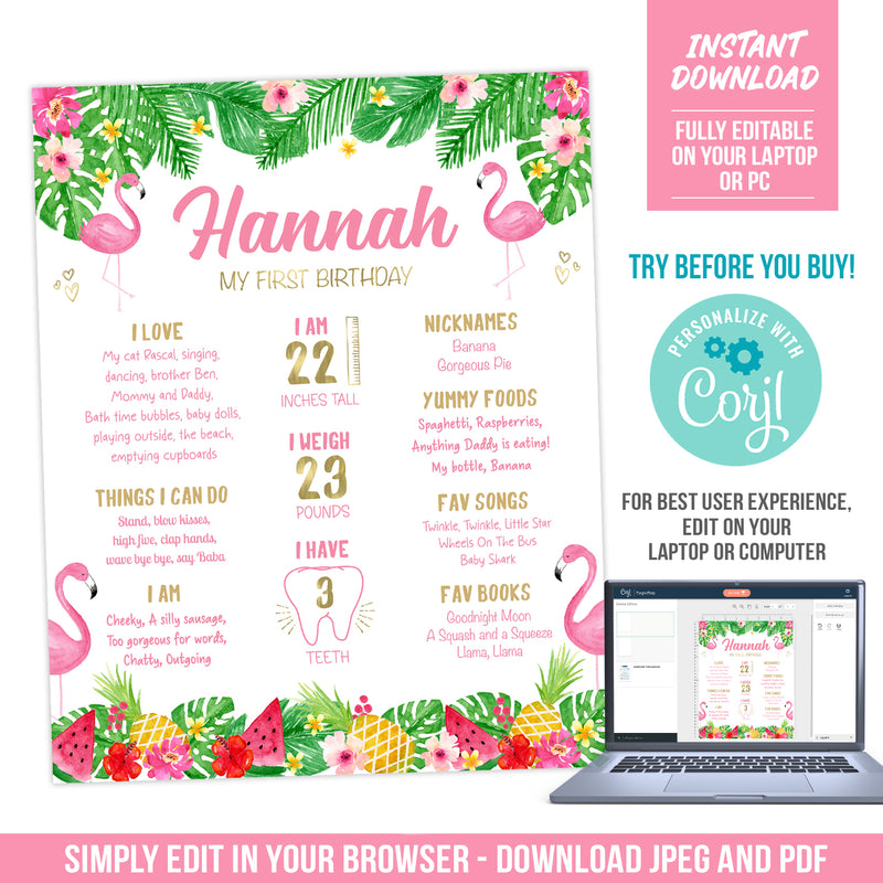 First Birthday Milestones Template Tropical Flamingo Theme