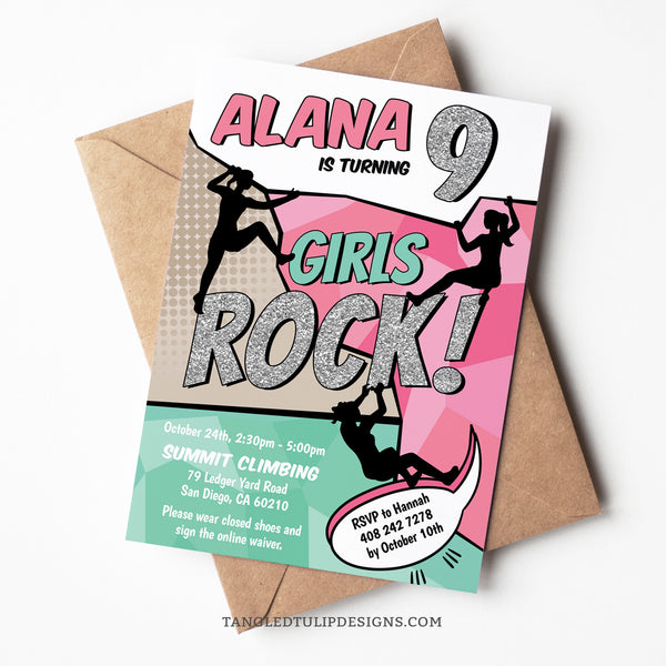 Get ready to scale new heights with this Girls Rock! Climbing birthday party invitation. This invite showcases the excitement of indoor rock climbing with stylish silhouettes of girls conquering the walls. Set against a backdrop of pretty glitter silver, mint, and pink. Tangled Tulip Designs - Birthday Invitations