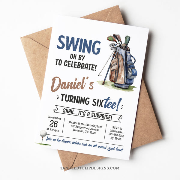 A golf surprise 60th Birthday invitation for a man, with a golf bag and golf ball on the tee. Perfect for a golfer's 60th surprise party!