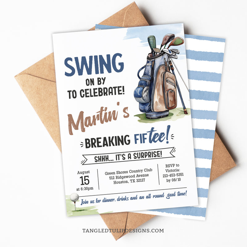 An editable Golfer 50th Birthday invitation for his Surprise birthday party. Featuring a golf bag and golf ball on the tee.